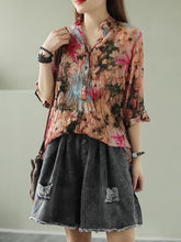 Vintage Floral Three-Quarter Sleeve Stand Collar Shirt